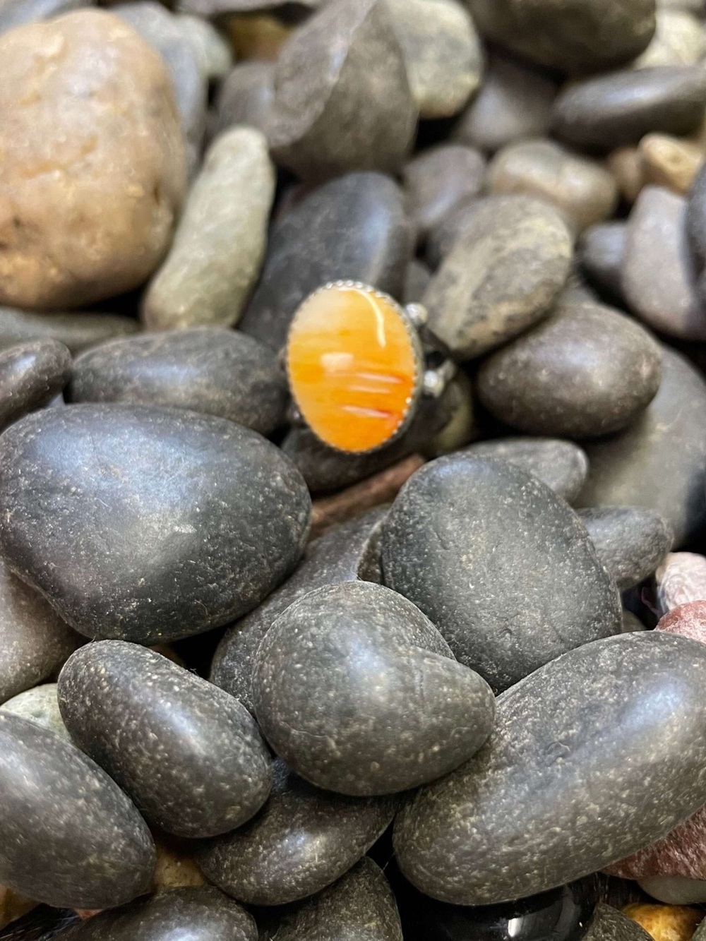 Handcrafted Orange spiny Oval Stone Ring - Women Jewelry